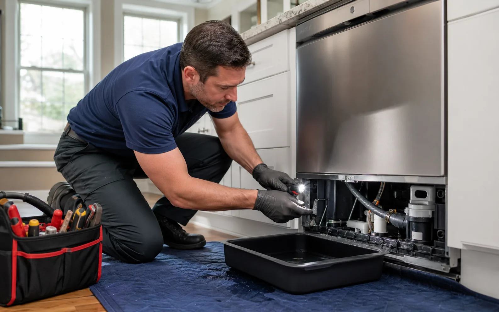 Dishwasher Leaking From the Bottom: Pump, Hose, or Seal? — illustrative appliance diagnostic scene
