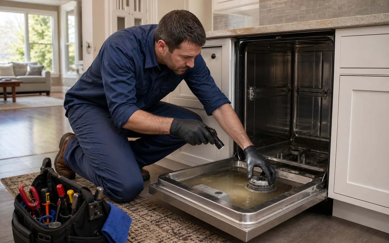 Dishwasher Won’t Drain: Filter, Hose, Pump, or Garbage Disposal? — illustrative appliance diagnostic scene