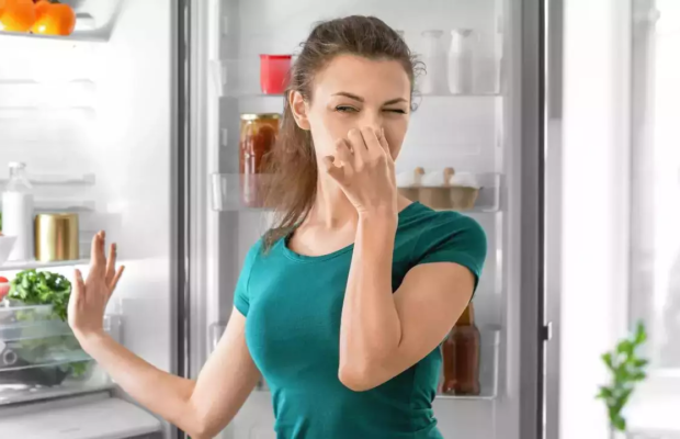 A person placing baking soda inside a refrigerator to remove odors.