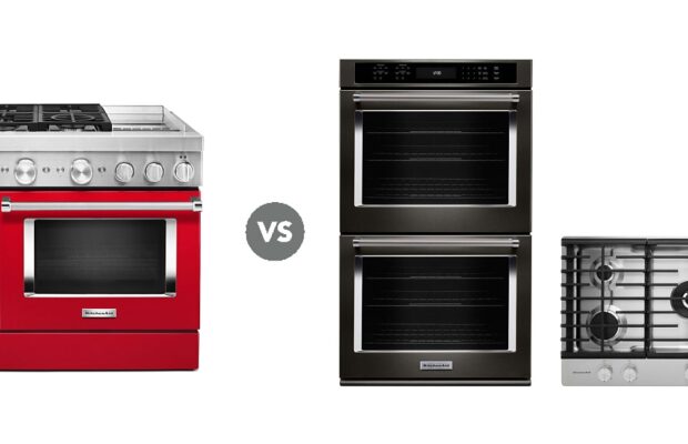 Comparison of a stove, oven, and range with labeled features.